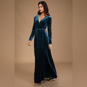 🔆 Lulus Jacinda Teal Blue Velvet Wrap Maxi Dress